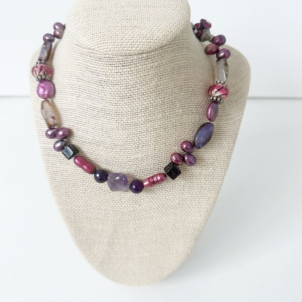 NWT Genuine Murano Glass, Agate, Black Onyx & Pearls Necklace Purple Beaded